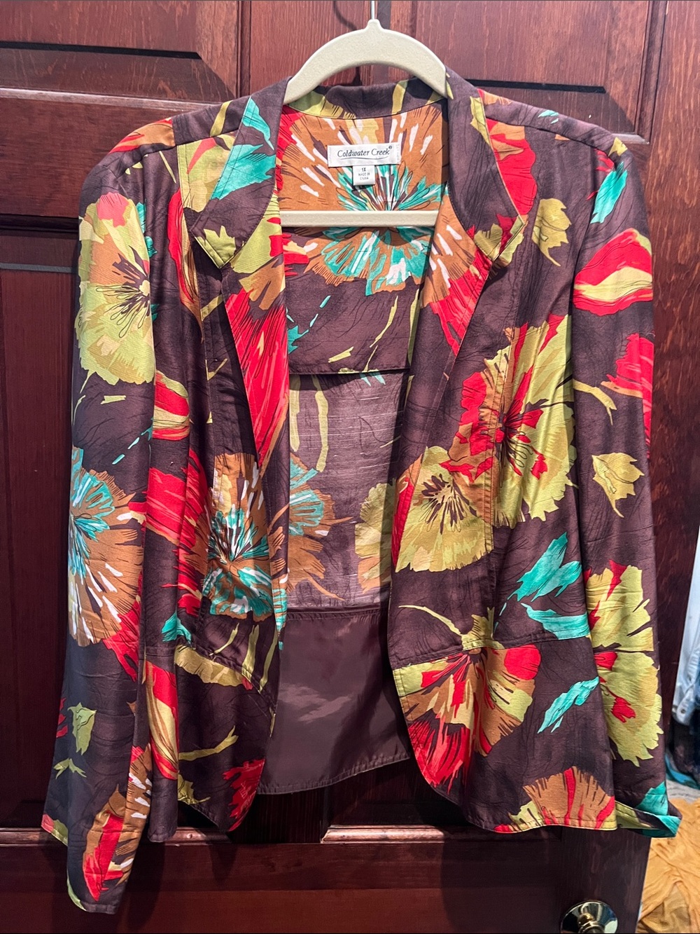 Coldwater Creek Brown Floral Open-Front Blazer with Red, Yellow & Teal Accents